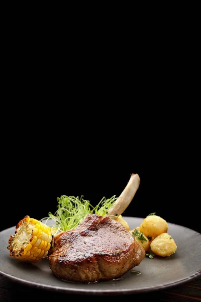 Veal Entrecote Potatoes Corn Plate Wooden Background — Stock Fotó