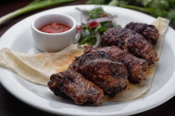 Lamb Kebab Sauce Herbs White Plate — Stock Fotó
