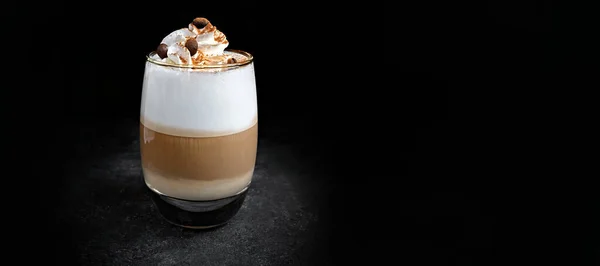 Coffee Latte Cream Coffee Beans Cinnamon Glass Cup Black Background — Stockfoto