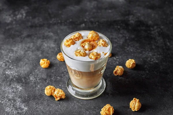 Coffee Latte Glass Cup Caramel Popcorn Gray Concrete — Photo