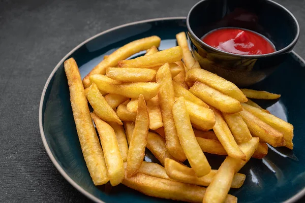 French Fries Ketchup Plate Gray Concrete — Stockfoto