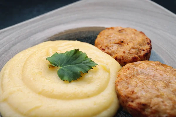 Purée Pommes Terre Avec Escalopes Vapeur Persil Sur Béton — Photo