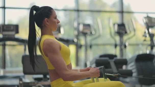 Mujer hispana hace ejercicios en la máquina de remo. Una chica se sienta detrás de un simulador se llama una máquina de remo. sentarse tira del peso de grandes ventanas y cintas de correr del gimnasio — Vídeos de Stock