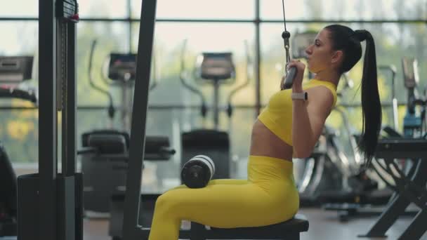 Spor salonunda simülatörde oturan İspanyol kadın sırtında ağırlık pompalarıyla metal bir ip çekiyor. Esmer kadın simülatörü çekiyor. Sırt kası simülatörü için egzersiz yapıyor — Stok video