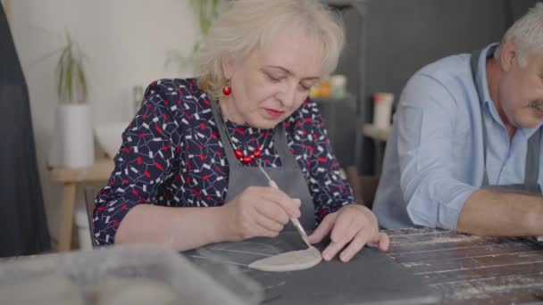 Um grupo de pessoas idosas em um master class em cerâmica juntos esculpir e cortar um desenho em copos de argila para a fabricação de pratos de cerâmica — Vídeo de Stock