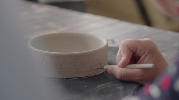 Manos de mujer durante la pintura en placas de cerámica. Taller de alfarero de hacer platos de arcilla artesanal. Artista crea un hermoso patrón en loza en un taller de cerámica. Primer plano, cámara lenta — Vídeo de stock