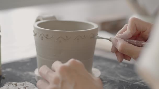 Vrouw handen tijdens het schilderen op keramische platen. Pottenbakker workshop van het maken van handgemaakte klei gerechten. Kunstenaar creëert een prachtig patroon op aardewerk in een aardewerkplaats. Close-up, slow motion — Stockvideo