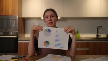 Merkez Ofis, kameraya bakıyor. Genç bir kadın, dizüstü bilgisayarındaki bir grafiği gösteriyor. Mutfakta oturmuş, online bir rapor hazırlıyor. Belge ve zamanlamaların video çağrısı ve gösterimi