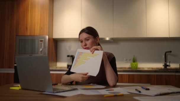 Otthoni iroda Egy fiatal nő mutat egy grafikont egy laptop kamera ül otthon a konyhában végző online jelentés. konferencia dokumentumok és menetrendek bemutatásával — Stock videók