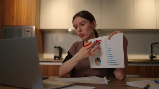 Home office Μια νεαρή γυναίκα δείχνει ένα γράφημα σε μια κάμερα laptop που κάθεται στο σπίτι στην κουζίνα και διεξάγει μια ηλεκτρονική αναφορά. Video call και συνέδριο με επίδειξη εγγράφων και χρονοδιαγραμμάτων — Αρχείο Βίντεο