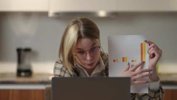 Home office Κοιτάζοντας την web camera, μια νεαρή γυναίκα δείχνει ένα γράφημα στην κάμερα και χειρονομίες δείχνει και εξηγεί τις τιμές των δεδομένων και εξηγεί την ανάλυση της εταιρείας. Χαρτί μαθήματος — Αρχείο Βίντεο