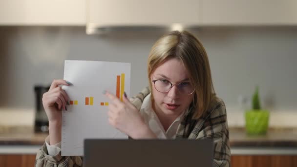 A young woman with glasses at home shows a graph to a laptop camera while sitting at home in the kitchen. Home office remote work. Video call and conference with graphs and tables. Explaining graphs — стоковое видео