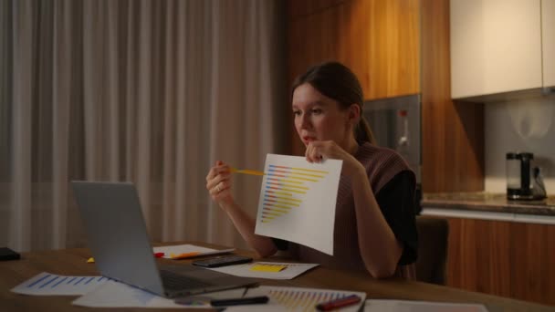 Távoli munka Egy fiatal nő mutat egy grafikont egy laptop kamera, miközben otthon ül a konyhában végző online jelentés. Videohívás és konferencia dokumentumok és menetrendek bemutatásával — Stock videók