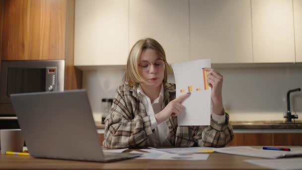 Mulher câmera Zoom com óculos em casa mostra um gráfico para uma câmera de laptop enquanto está sentado em casa na cozinha. Trabalho remoto no escritório. Chamada de vídeo e conferência com gráficos e tabelas. — Vídeo de Stock