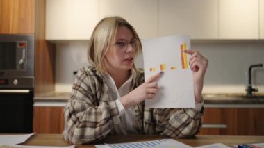 Evde gözlüklü kameraman kadına bakın. Evde, mutfakta otururken bir web kamerası grafiği gösteriyor. Ev ofisinin uzaktan kumandası. Grafikler ve tablolar ile video çağrısı ve konferansı.