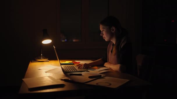 Joven mujer caucásica bien parecido escribiendo y trabajando en el ordenador portátil como freelancer mientras está sentado en casa en la acogedora sala de estar oscura con un gato. Por la noche. Quédate en casa. — Vídeos de Stock