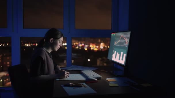 Portrait woman night of a Financial Analyst Working on Computer with Monitor Workstation with Real-Time Stocks, Commodities and Exchange Market Charts — Vídeo de Stock