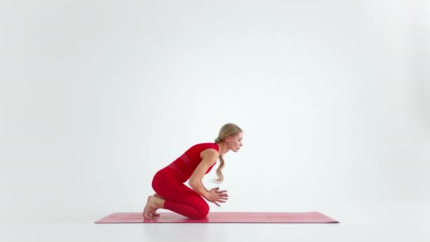 Flexible chica en forma practican yoga o pilates realizan Wild Thing Pose para estiramientos y bienestar. Posturas de Yoga - Asanas. silueta aislada sobre fondo blanco. — Vídeos de Stock
