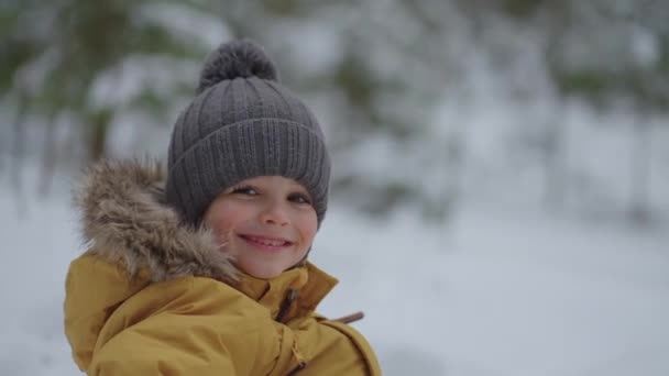 Portret van een lachende schattige jongen 3-4 jaar oud die in de camera kijkt met een vrolijke glimlach op straat in de winter in het bos in slow motion — Stockvideo