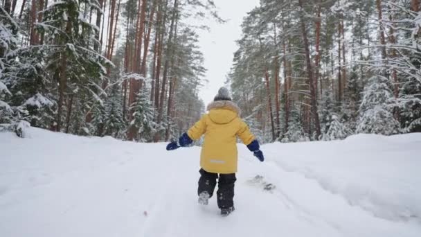 Un niño de 3-4 años corre en el bosque de invierno, una vista desde la espalda en cámara lenta con una chaqueta amarilla. El concepto de diversión invernal y recreación activa, libertad y una infancia feliz — Vídeo de stock