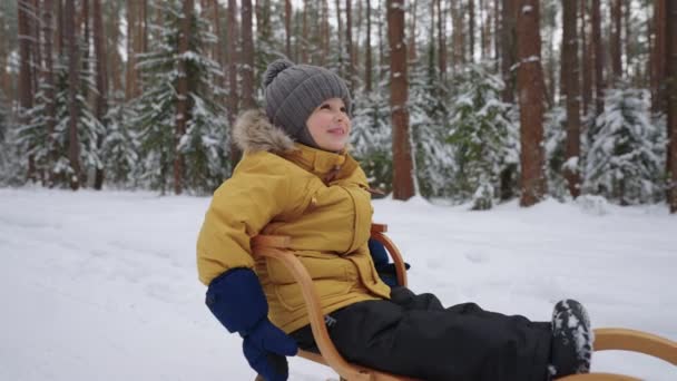 Porträtt av en leende pojke 3-4 år gammal i slow motion som åker släde i en snöig skog på vintern — Stockvideo