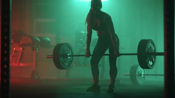 Slow motion: Athletic Beautiful Woman does Overhead Deadlift med skivstång i gymmet. Kvinnlig professionell kroppsbyggare träning tyngdlyftning övningar i den autentiska Sport Training Facility. — Stockvideo