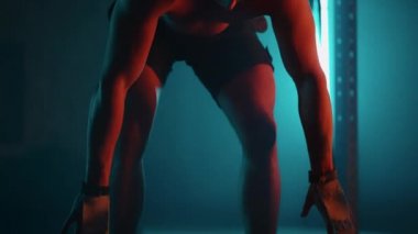 Seksi kaslı sporcu spor salonunda antrenman yapıyor, halteri tartıyor, formda kalıyor.