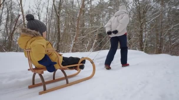 Frio dia de inverno no parque natural, mulher e seu pequeno filho estão escorrendo sobre a neve — Vídeo de Stock