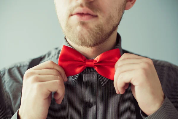 Bearded face and hands correcting red bowtie — Stock Photo, Image