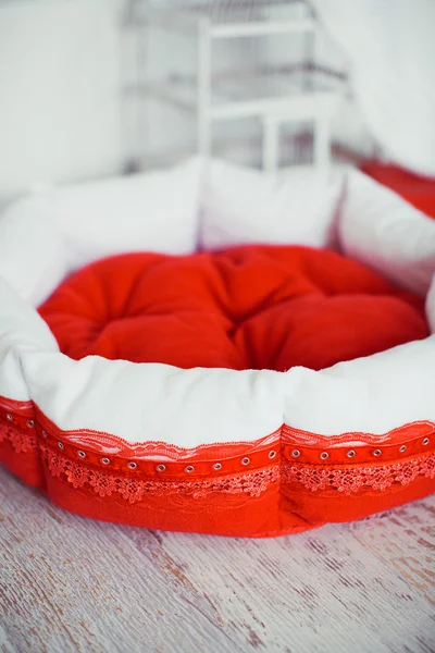 Colchão de estimação vermelho na sala com gaiola — Fotografia de Stock