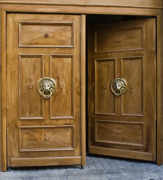 Opened door with ancient style carved knocker — Stock Photo, Image