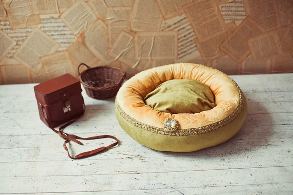 Pet mattress with leather box and basket — Stock Photo, Image