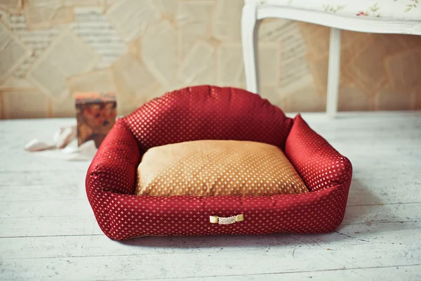 Red pet mattress with sofa and box at background — Stock Photo, Image