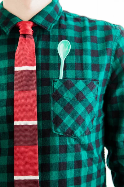 Man with tie and a green spoon in the pocket — Stock Photo, Image