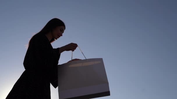 Silhueta de uma mulher shopaholic olhando para saco de compras — Vídeo de Stock