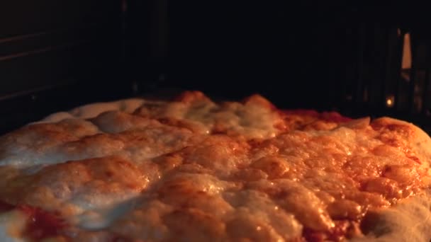 Lekkere heerlijke smeltpizza in de oven warmte van dichtbij bekijken — Stockvideo