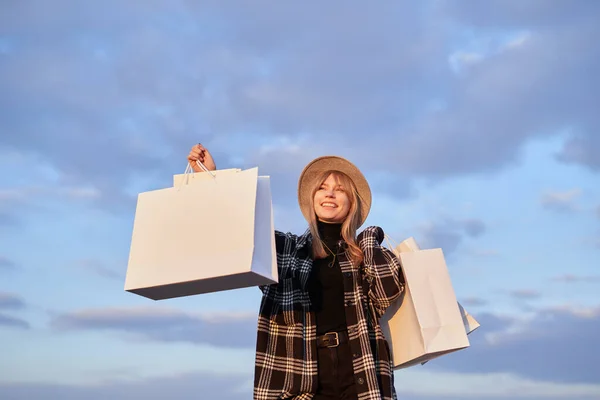 Discounts Sale Concept Happy Young Hipster Woman Shopping Bags Attractive — Stockfoto