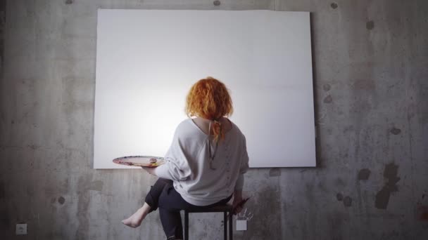 Caucasian Artist Waiting Inspiration Concept Redhead Female Painter Sitting Front — Wideo stockowe