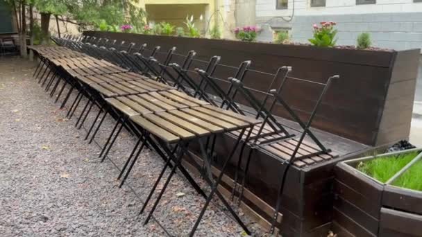Rows Chairs Upside Restaurant Terrace Outdoor Empty Cafe Customers Due — Vídeos de Stock