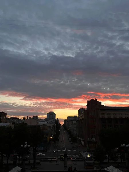 Sunset City Center Kyiv Ukraine Kreschatyk Street Colored Sky Dusk — 스톡 사진