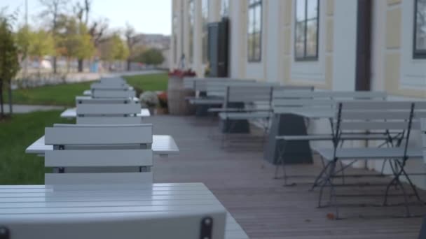 Rows Tables Chairs Restaurant Terrace Outdoor Empty Cafe Customers Due — Vídeo de stock