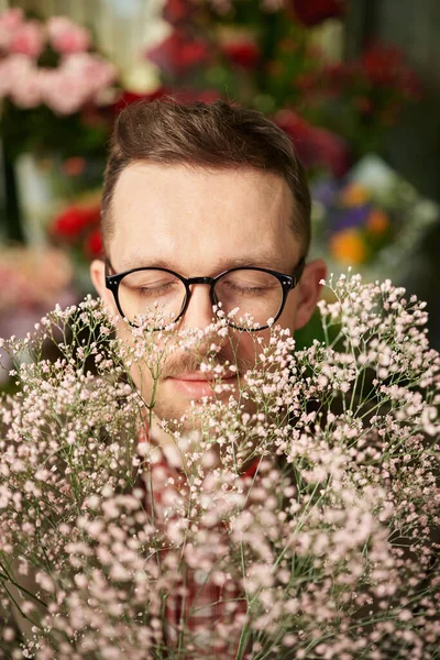 Closeup Portrait Cheerful Male Person Wearing Eyeglasses Sniffing Fresh Spring — Photo