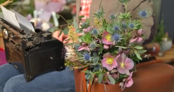 Cute Male Person Sitting Using Old Typewriter Flower Shop Poet — kuvapankkivideo
