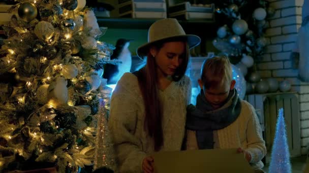 Hermano Hermana Abren Regalo Navidad Casa Con Árbol Navidad Fondo — Vídeos de Stock