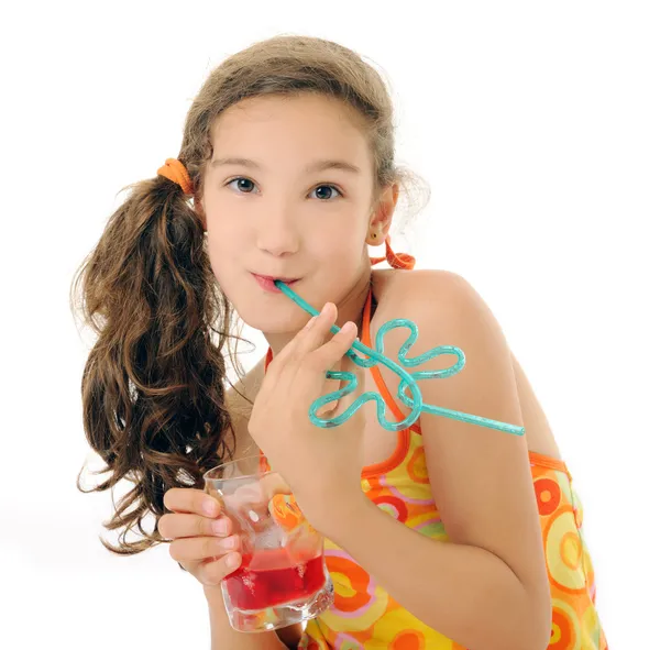 Little girl with red drink — Stock Photo, Image