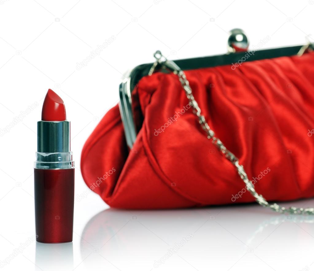 red lipstick and purse