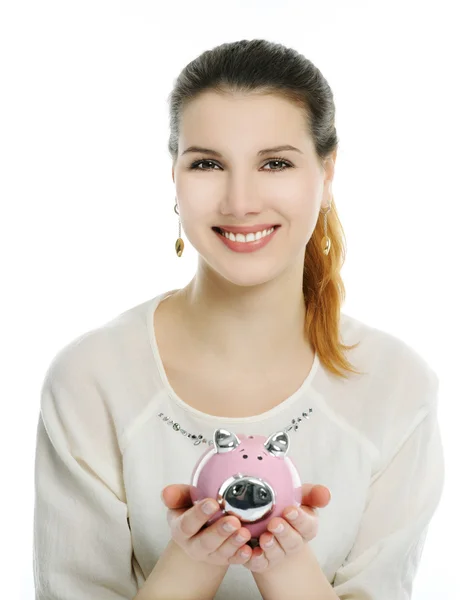 Happy girl with piggy bank — Stock Photo, Image