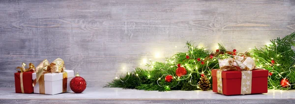 Gifts Christmas Decoration Wooden Background — Stock Photo, Image