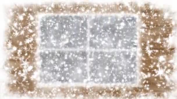 Kerstmis sneeuw bedekte venster en vallende sneeuwvlokken — Stockvideo