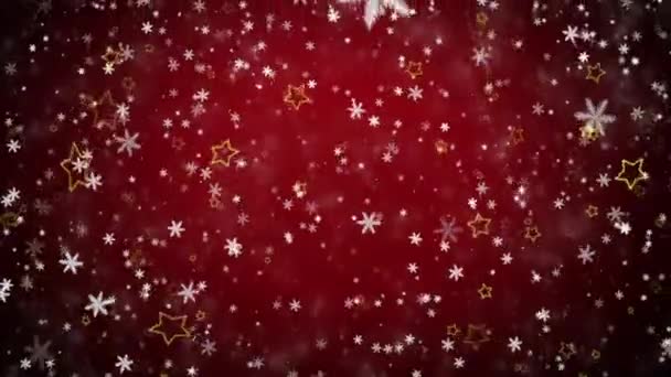 Düşen kar taneleri ve kırmızı bir arka plan üzerinde yıldız — Stok video